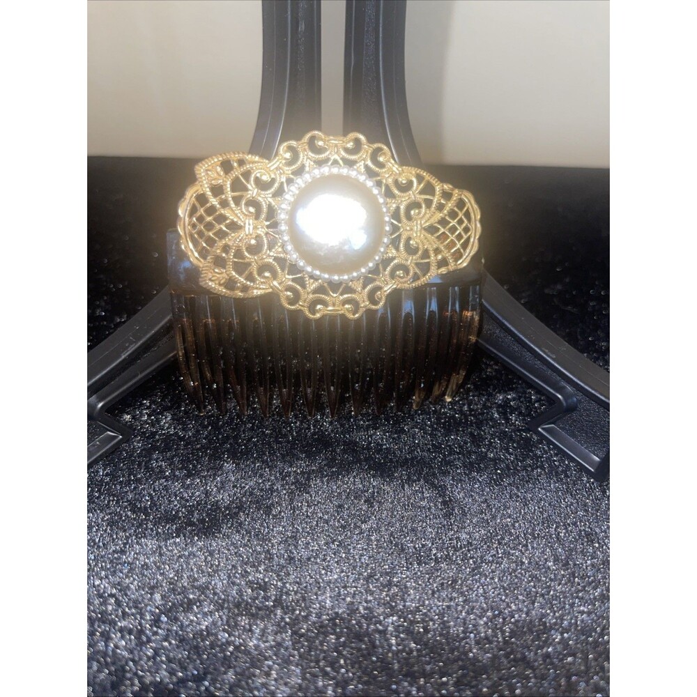 Vintage Signed Miriam Haskell Brass Filigree Pearl Hair Comb Barrette Bridal